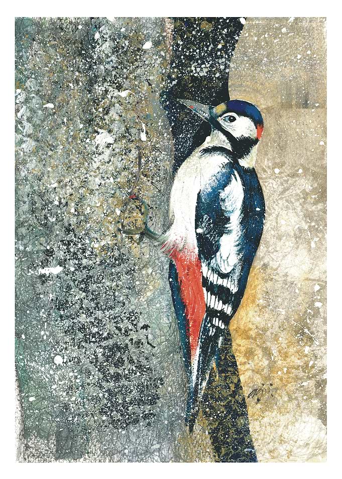 Woodpecker on Tree Trunk Painting