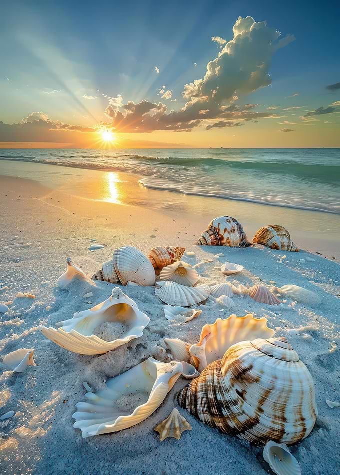 Seashells on sandy Sea beach at sunset