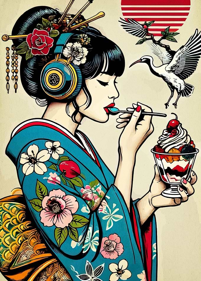 Geisha with Headphones Eating Dessert