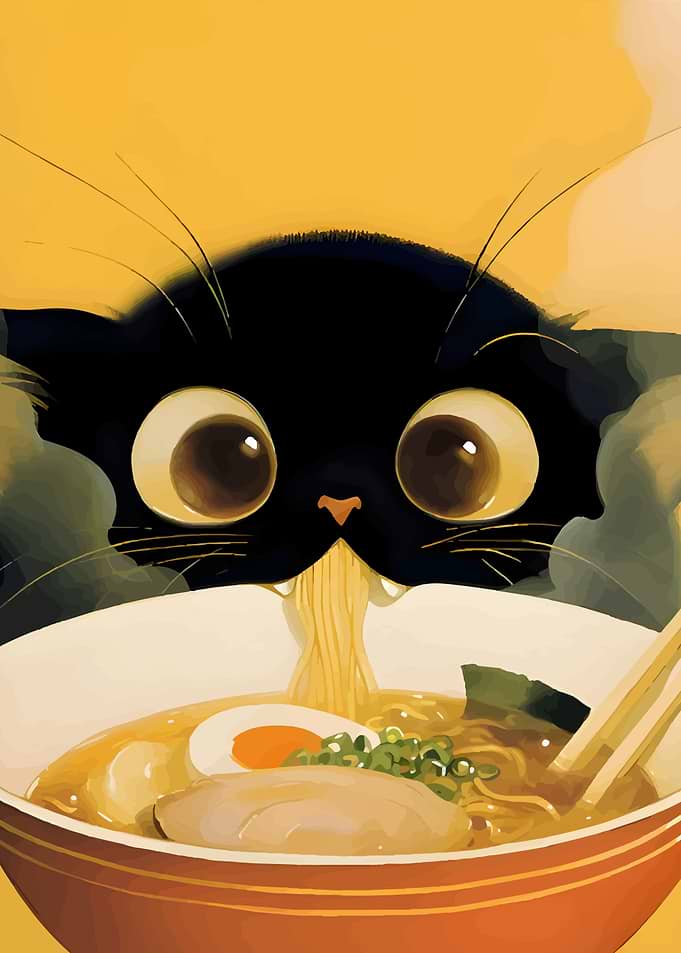 Black Cat Eating Ramen