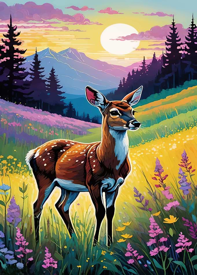 Deer in a Floral Landscape Painting