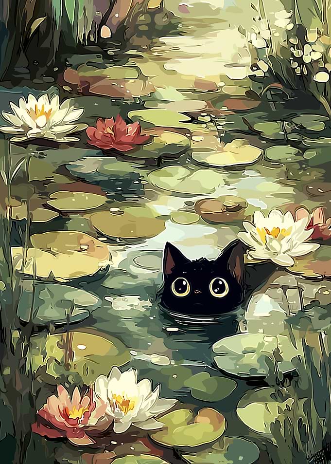 Black Cat in Lily Pond