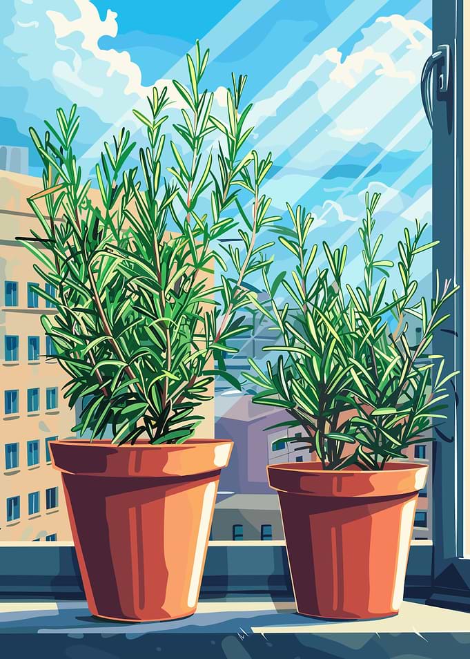 Rosemary plants on a windowsill