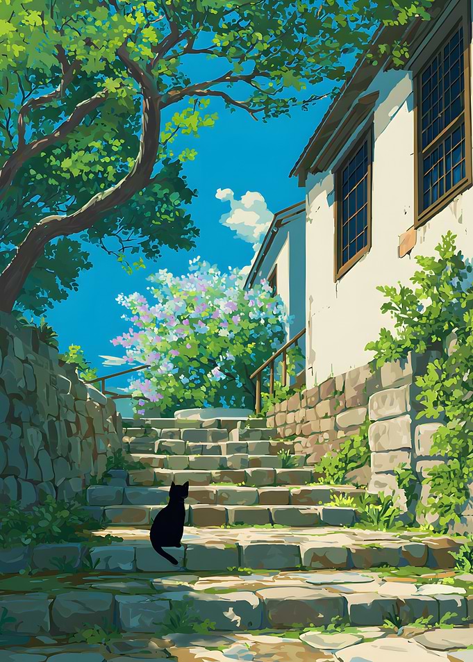 Anime Black Cat on Stone Steps