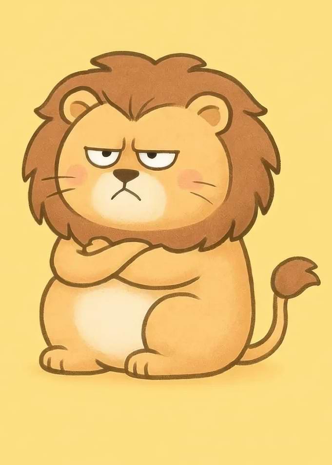 Grumpy Cartoon Lion with Arms Crossed
