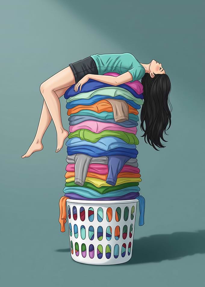 Woman Relaxing on Laundry Pile