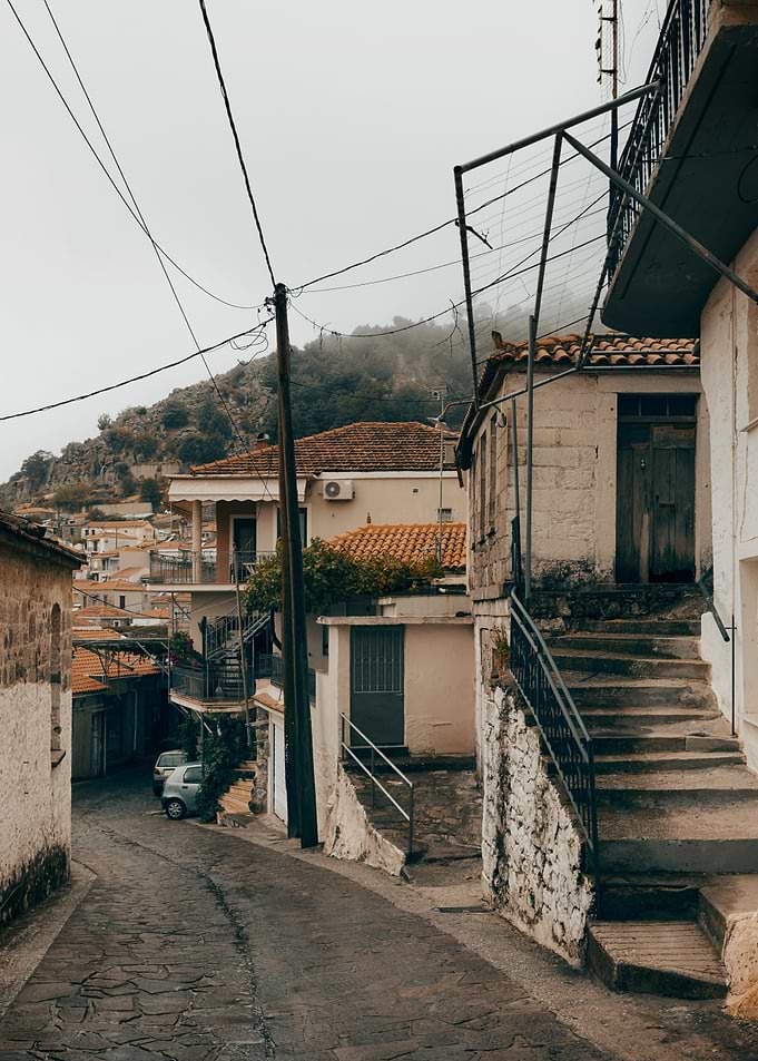 Quaint European Village Street Scene, Lesbos