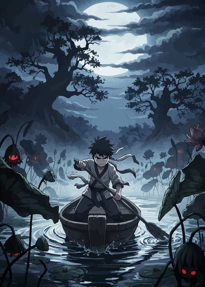 Boy Boat Lotus Pond
