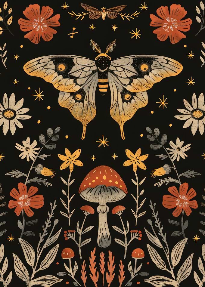 Moth and Mushroom Floral Pattern Cottagecore Scenery