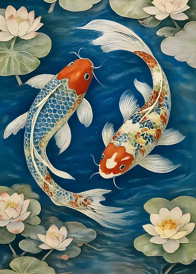 Koi Fish and Water Lilies Painting