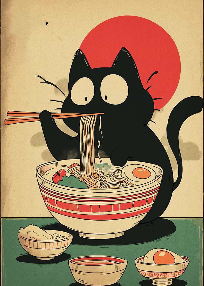 Black Cat Eating Ramen Illustration