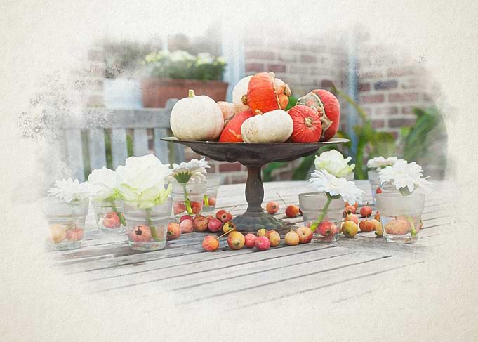 Autumnal Still Life with Pumpkins and Flowers