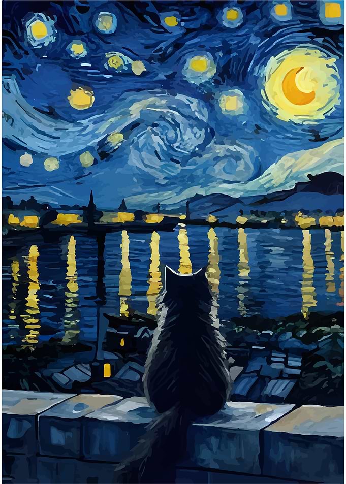 Cat gazing at Starry Night inspired landscape