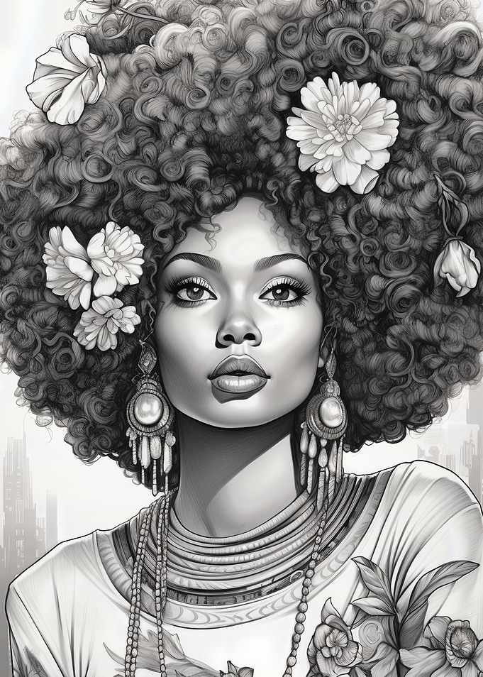 Monochrome Portrait of Woman with Flowers