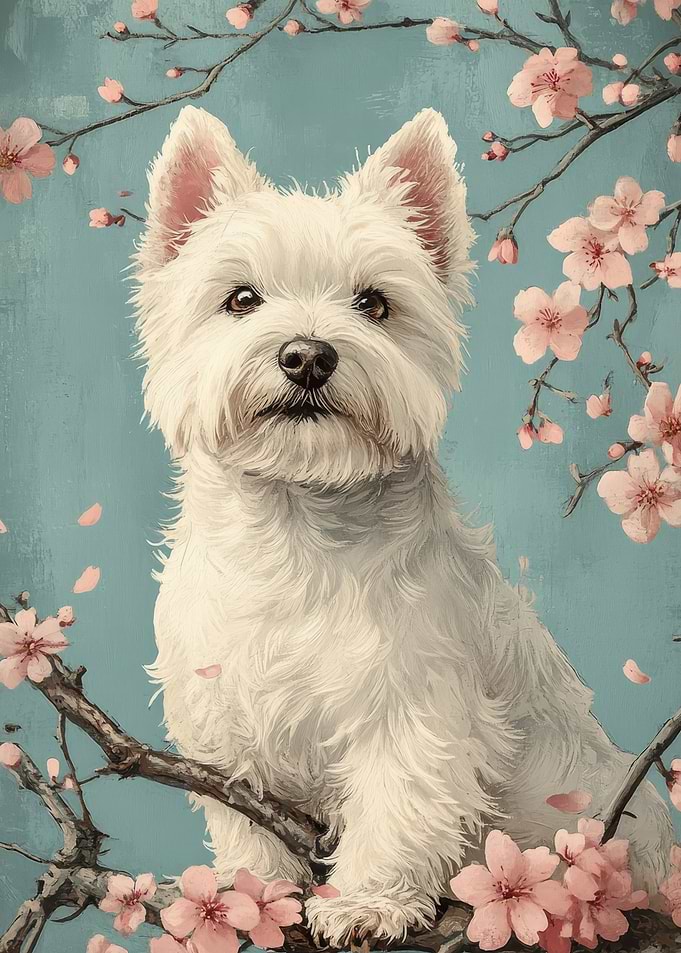 Westie Dog with Cherry Blossoms | Floral White Pup