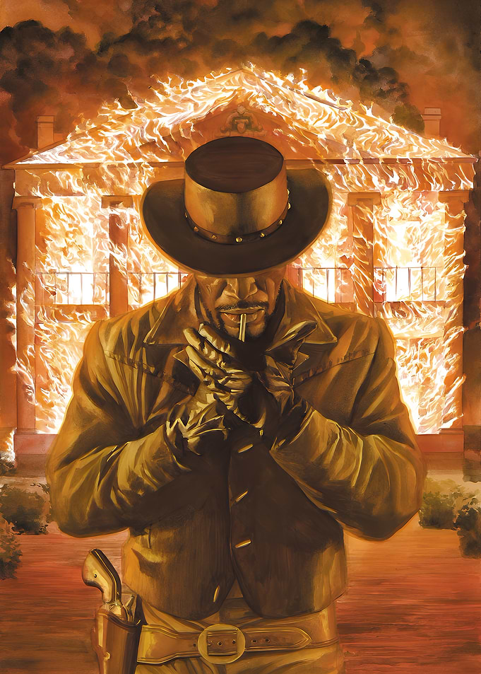 Western Figure in Front of Burning Building
