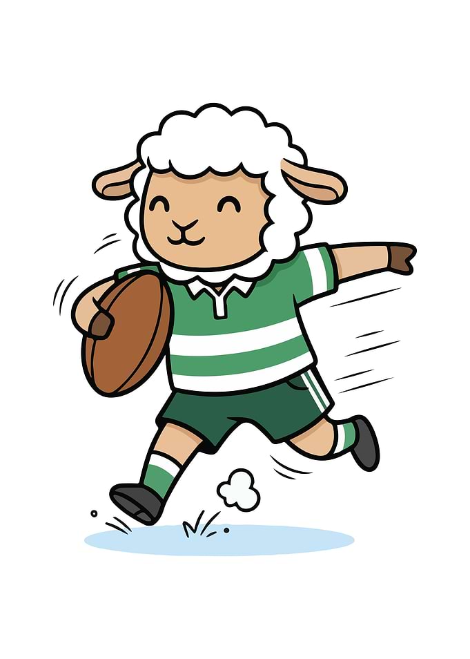 Cartoon Sheep Playing Rugby