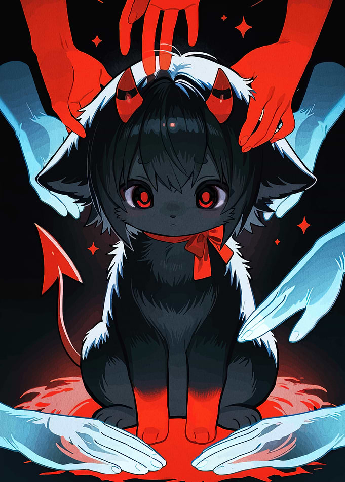 Cute Devil Anime Pet Surrounded by Hands
