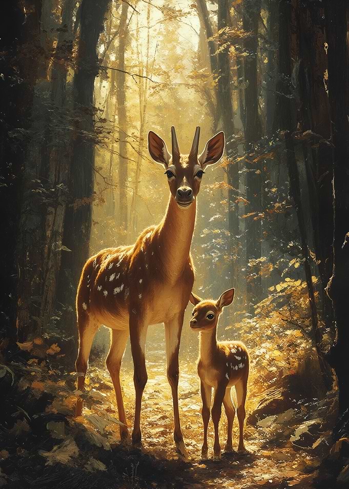 Deer and Fawn in Forest Sunlight