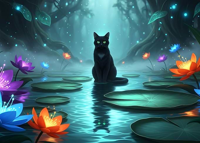 Black cat in a magical pond