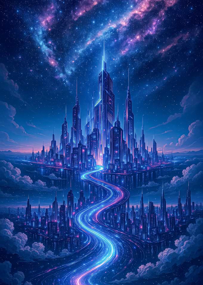 Fantasy Futuristic Cityscape with Glowing Roads