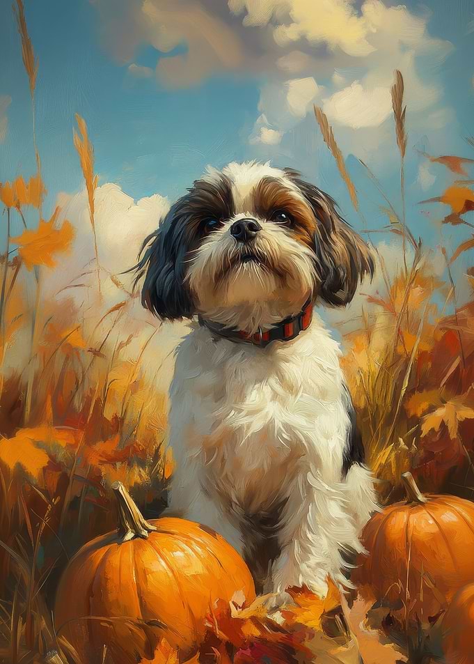 Shih Tzu with Pumpkins | Autumn Dog Print