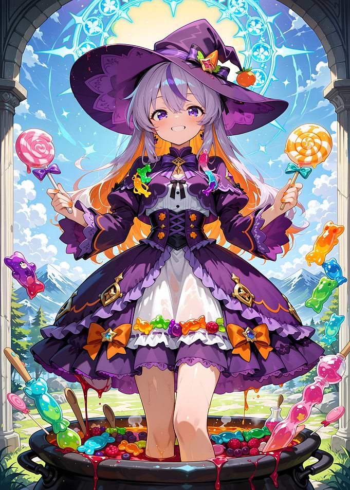 Anime Witch with Candy Cauldron