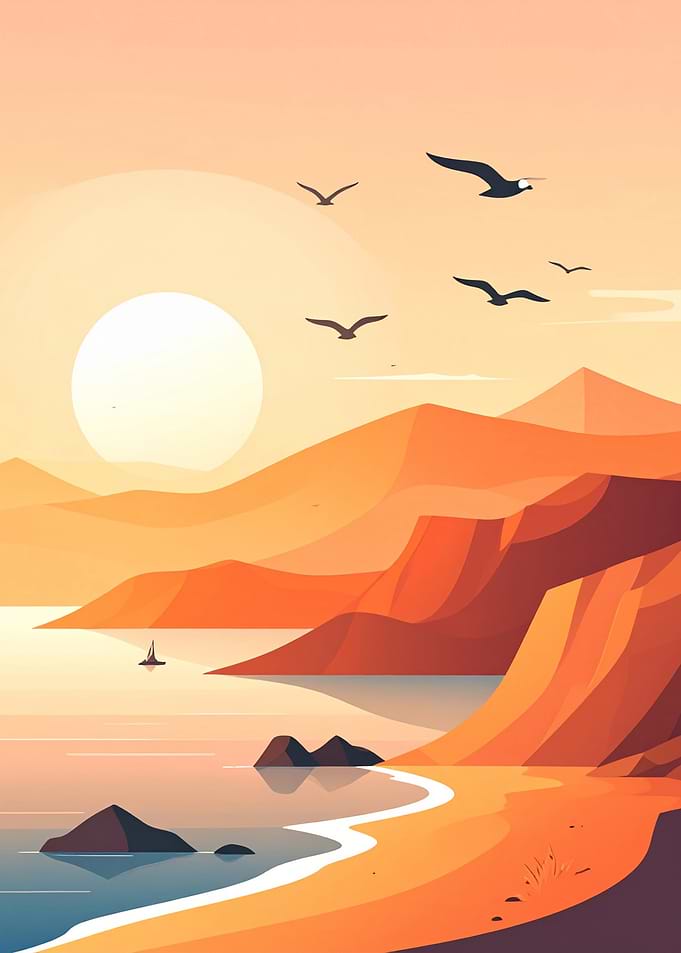 Coastal Sunset with Birds and Boat