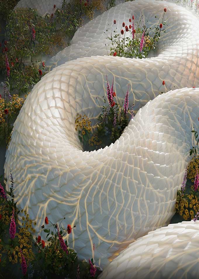 Giant White Snake in Floral Landscape