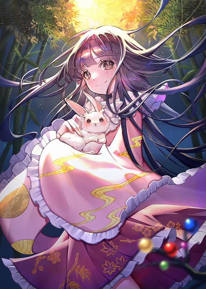 Anime Girl with Rabbit in Bamboo Forest