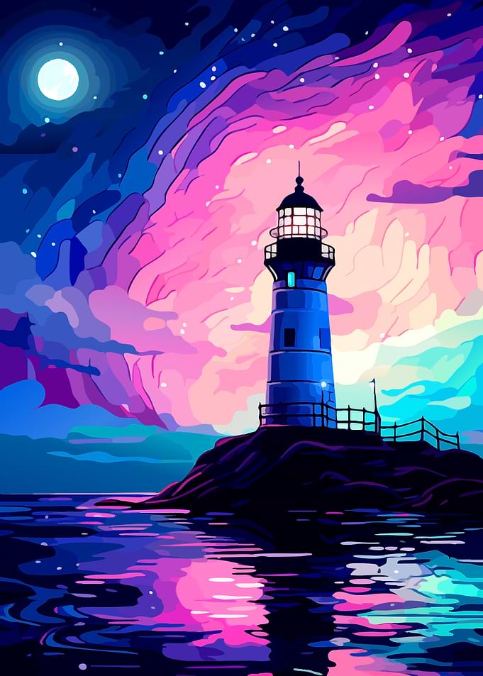 Lighthouse at Night with Colorful Sky