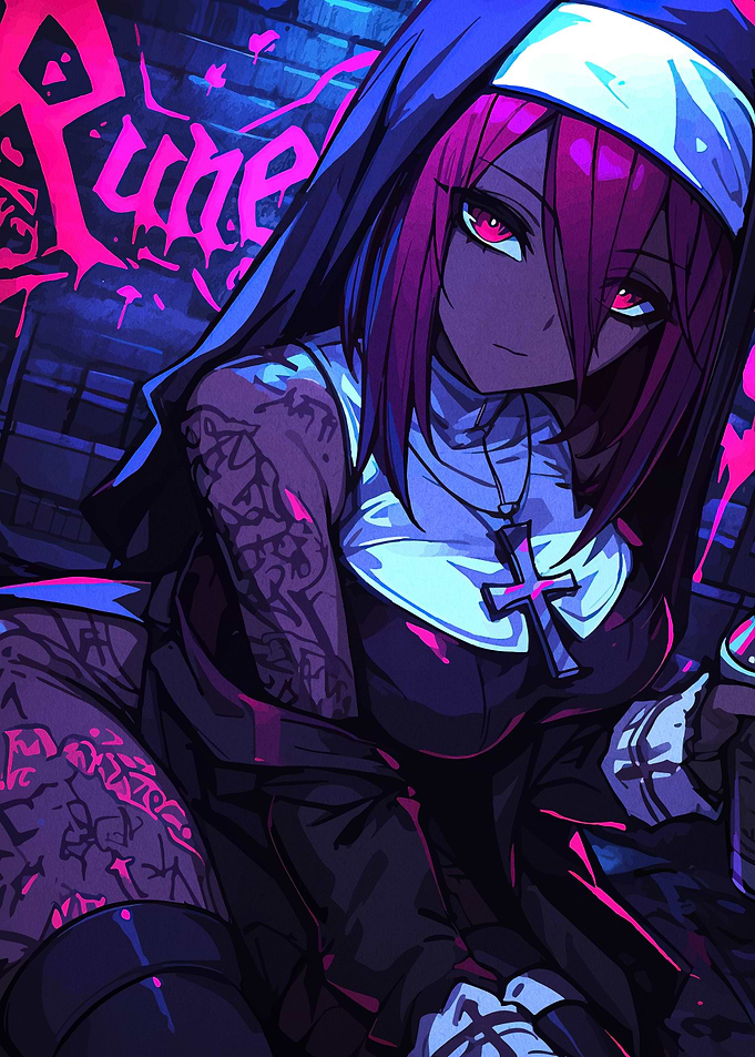 Anime Nun with Tattoos and Cross
