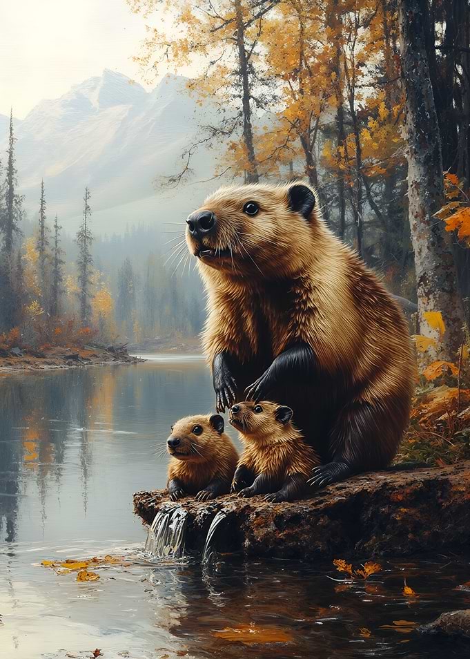 Beaver Family by the Autumn Lake
