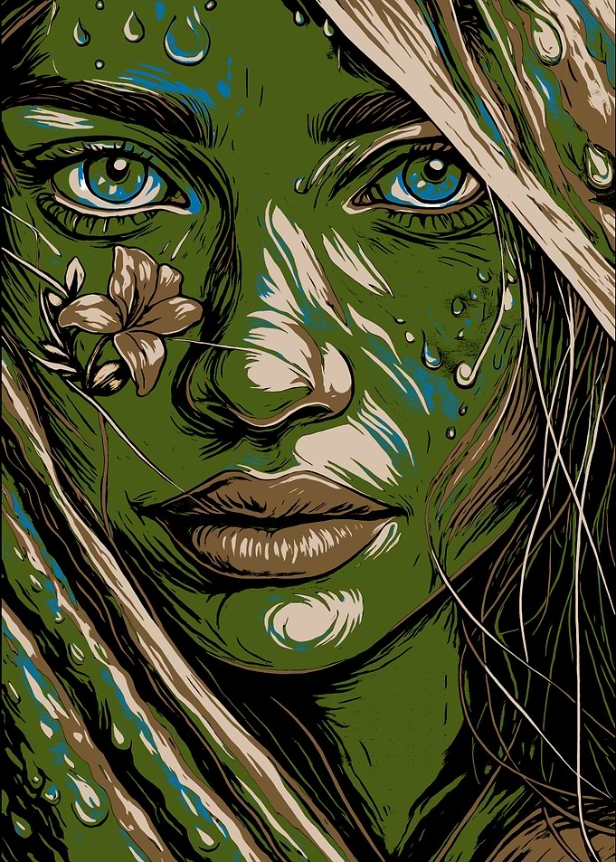 Green-toned woman with flower and raindrops