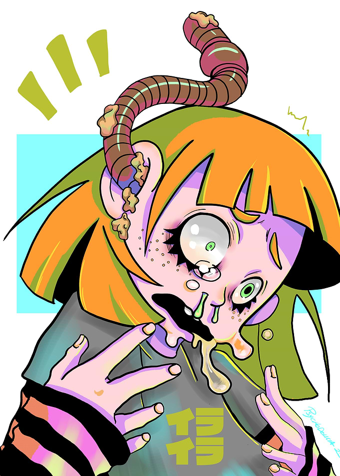 Cartoon Girl with Worm and Slime
