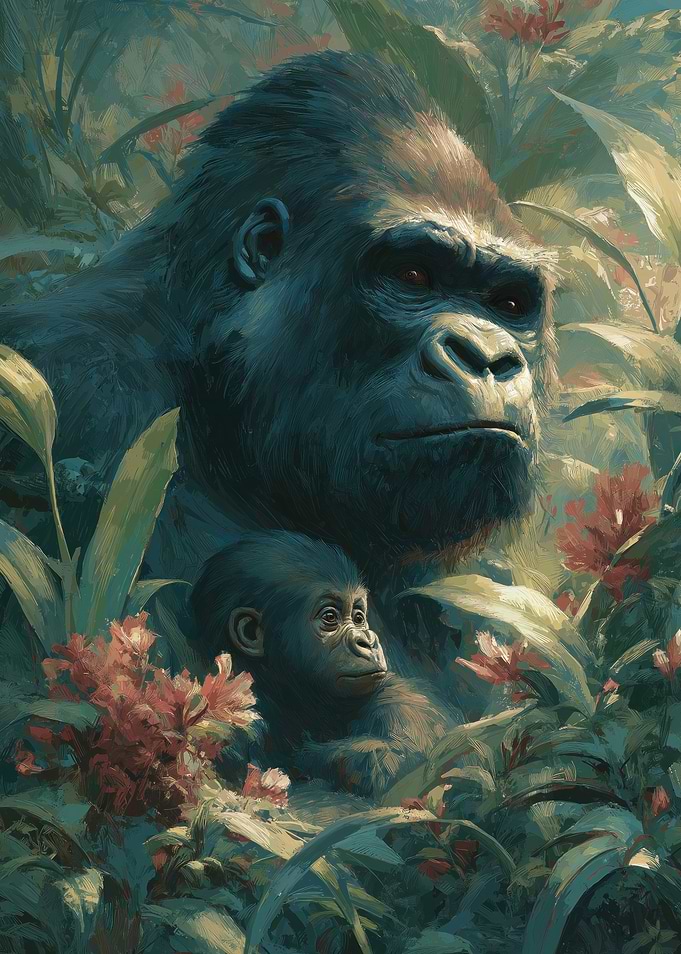Gorilla Family in Jungle Painting