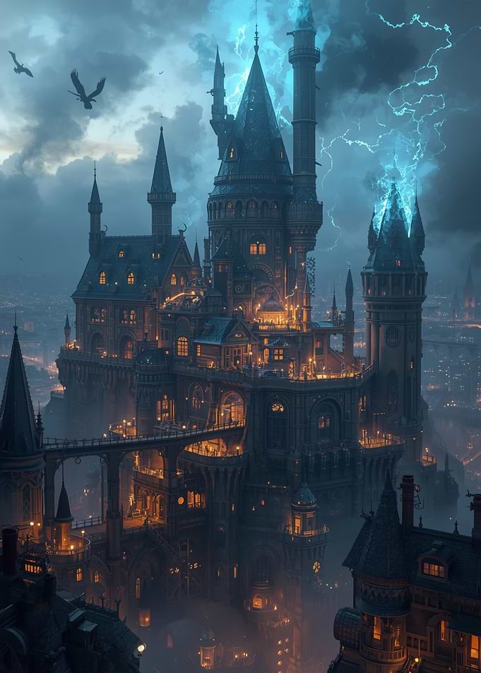 Fantasy Castle with Lightning and Birds