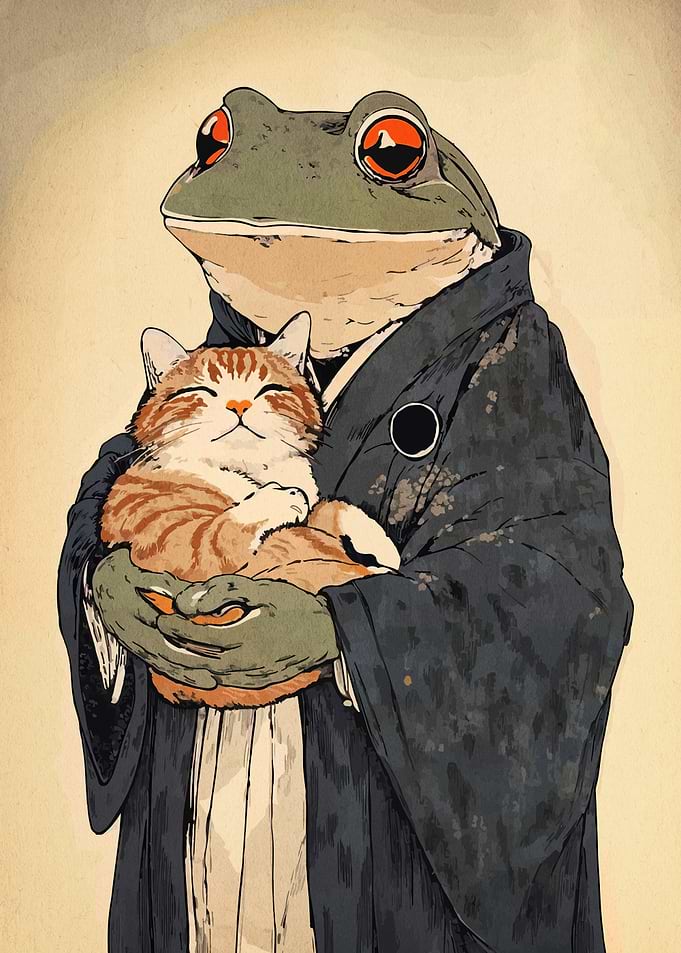 Frog in Kimono Holding Cat