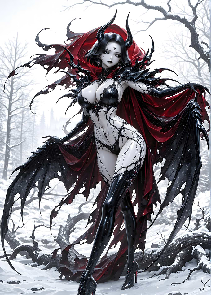 Dark Fantasy Woman in Snowy Forest