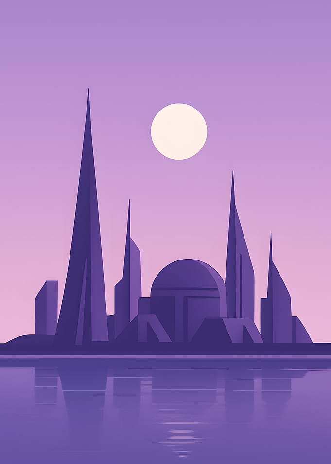 Purple Futuristic Cityscape with Water Reflection