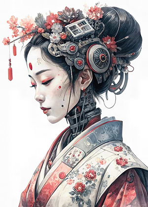 Cyberpunk Geisha with Floral Headdress