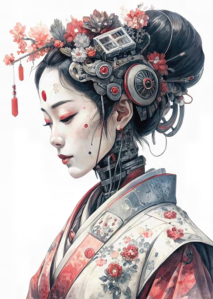 Cyberpunk Geisha with Floral Headdress