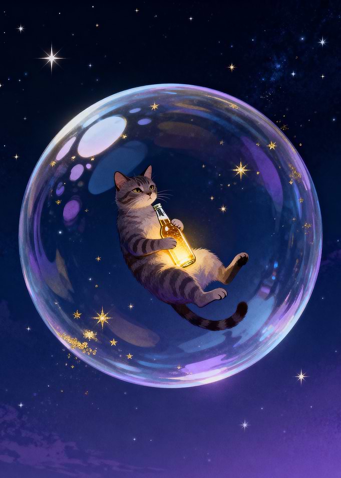 Cat in Bubble with Glowing Bottle