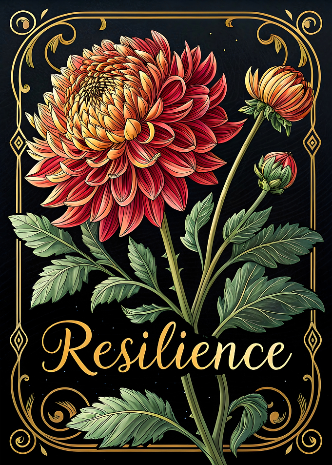 Vibrant Floral Dahlia Blooms Resilience in Golden Frame