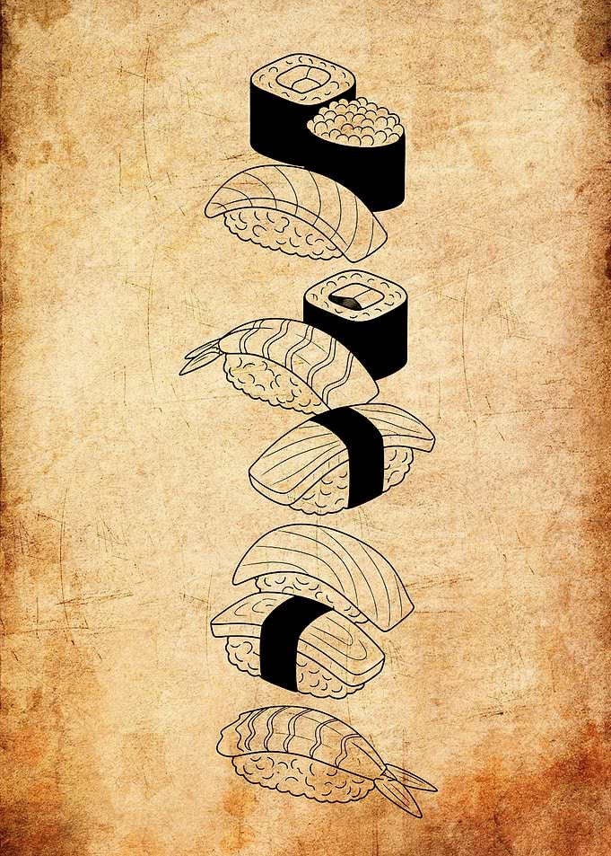 Sushi Line Art on Vintage Background