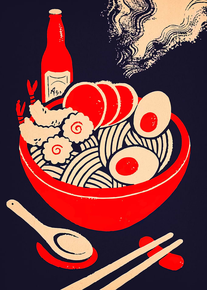 Ramen Bowl Illustration with Beer Bottle