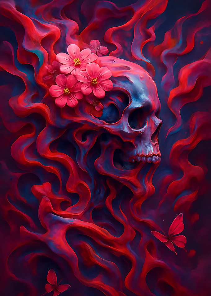 Floral Skull with Abstract Red Waves