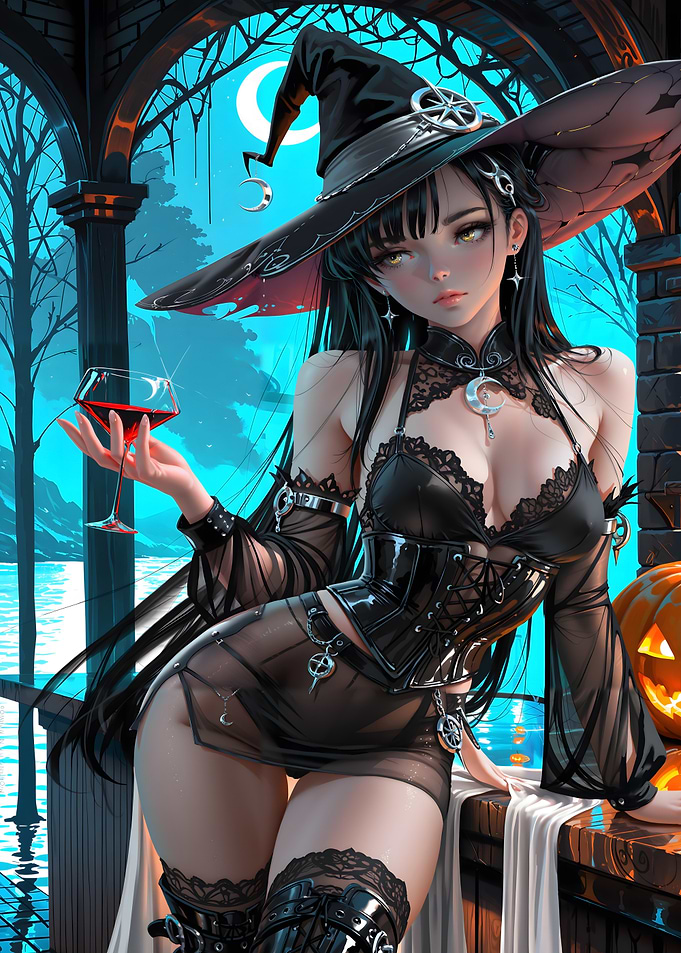 Anime Witch with Wine and Pumpkin