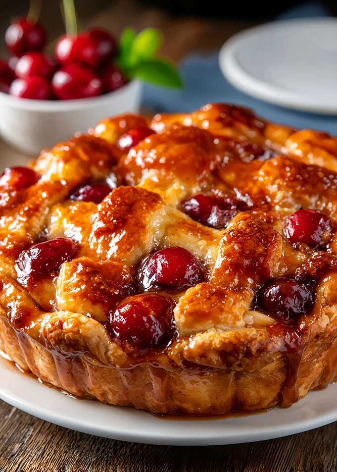 Delicious Cherry Pie on Wooden Table