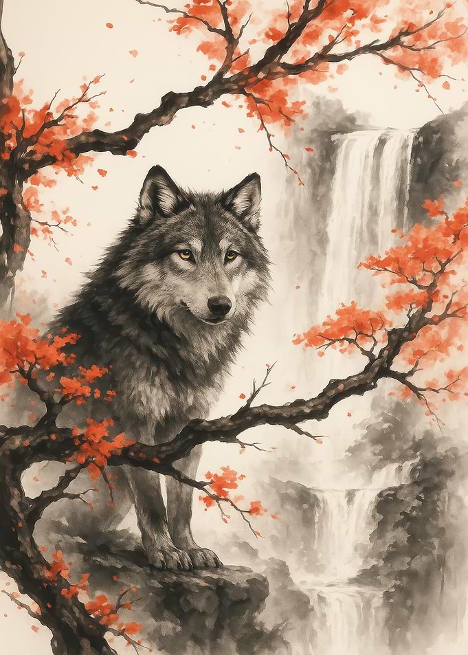 Wolf portrait with waterfall and foliage
